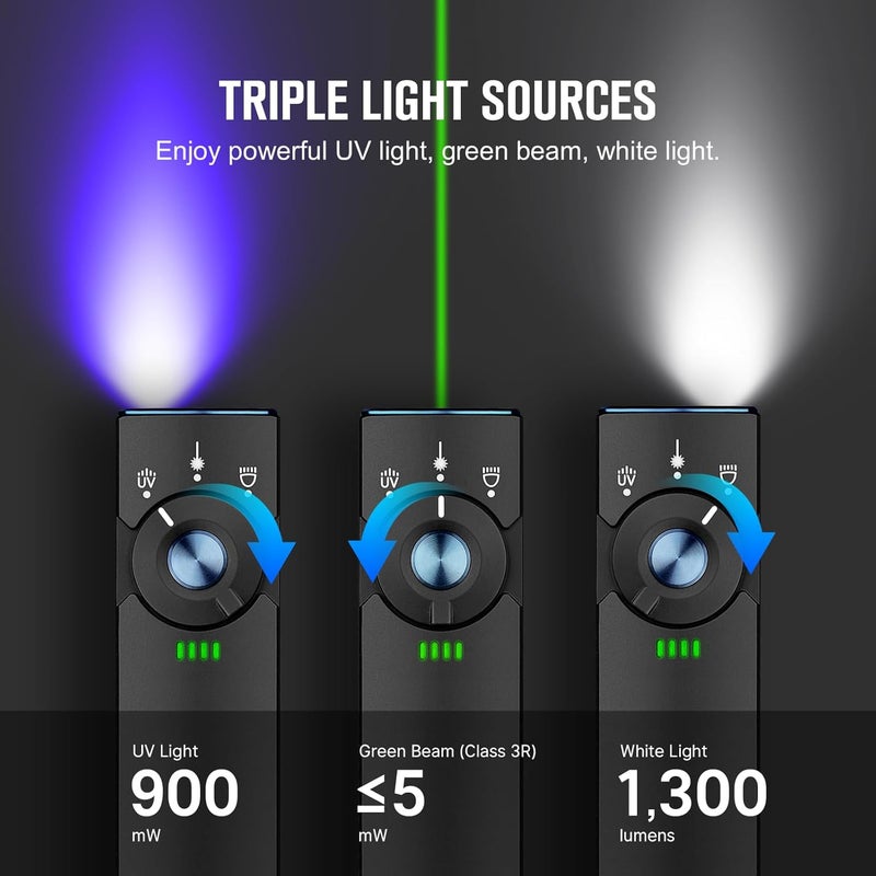 OLIGHT Arkfeld Pro Rechargeable EDC Flat Flashlight with Green Beam, UV and White LED Combo, 1300 Lumens Portable Pocket Lights, Triple Sources for Outdoors Emergency Working (Black CW) - Image 2